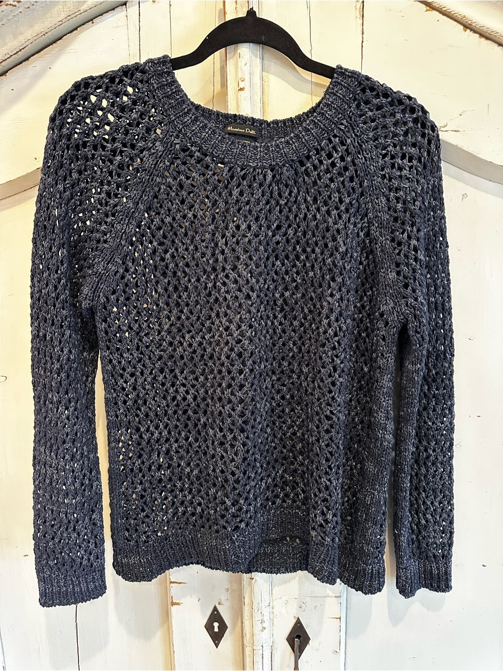 Massimo Dutti Navy Open-Knit Crewneck Sweater